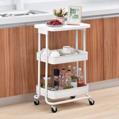 Kitchen Storage Trolley 3-Tier Metal Table Top Serving Rolling Cart, Mobile Rack Organizer with Locking Wheels, Standing Shelf Laptop Desk for Kitchen Home Office - AABA MALL