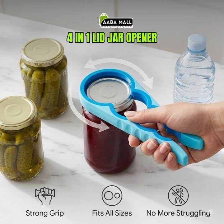 4-in-1 lid jar opener being used on a jar with pickles and water bottle in the background, featuring AABA MALL branding.