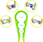 Green measuring tool with labeled measurements and usage examples on a white background