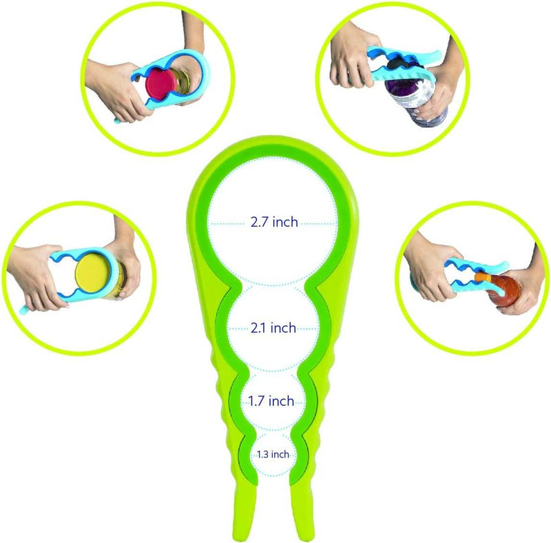 Green measuring tool with labeled measurements and usage examples on a white background