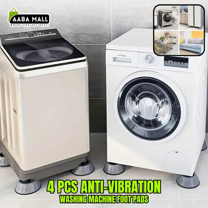 4 piece anti-vibration washing machine foot pads installed under washers on tiled floor