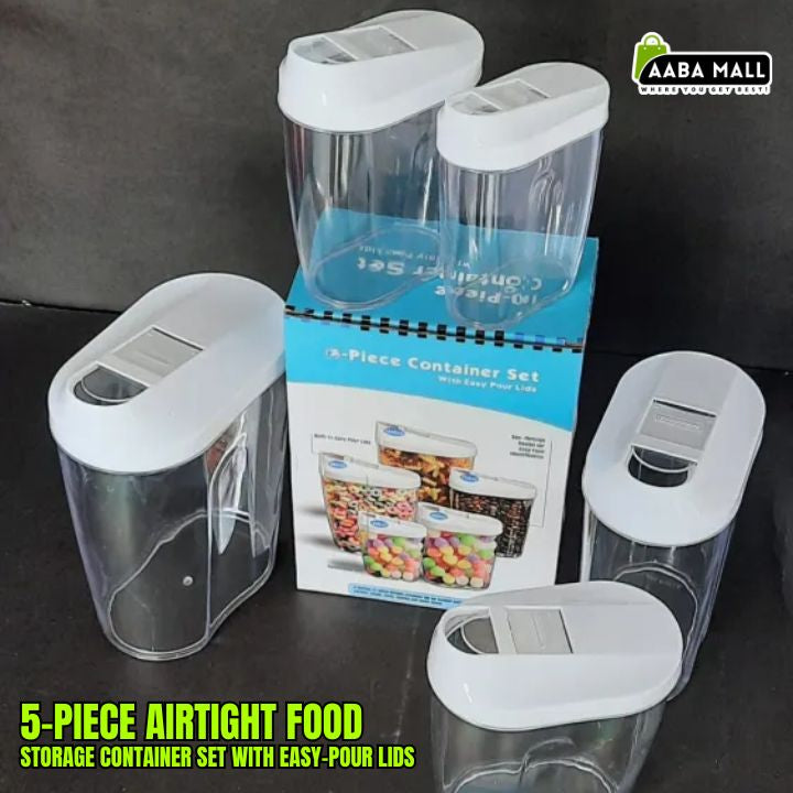 Airtight storage container set with easy pour lids for cereals and grains