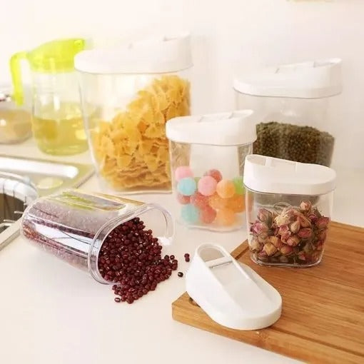 Airtight storage container set with easy pour lids for cereals and grains