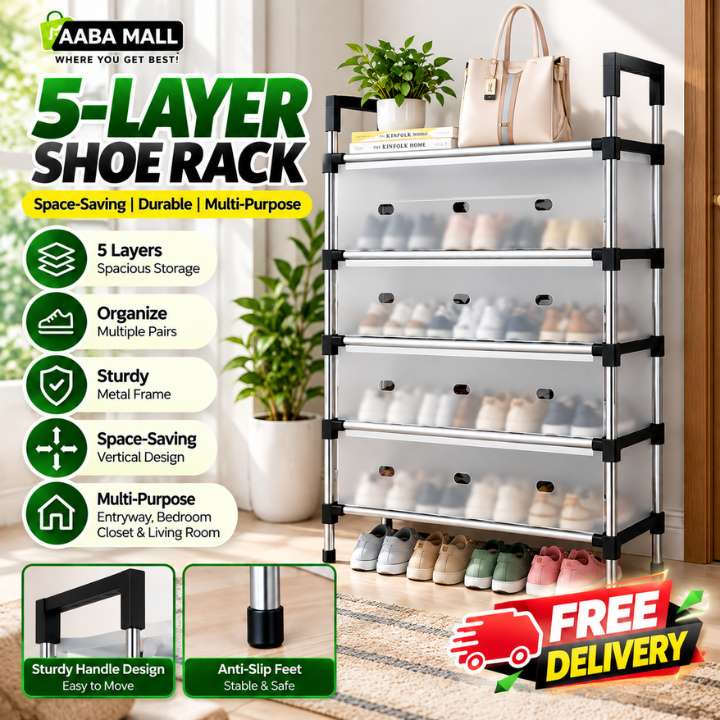 5-Tier metal shoe rack organizer with vertical space-saving shoe storage shelves for entryway, bedroom, closet, and home organization