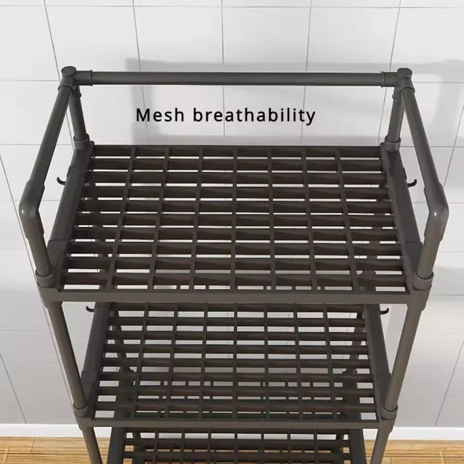 Slim plastic storage rack next to toilet