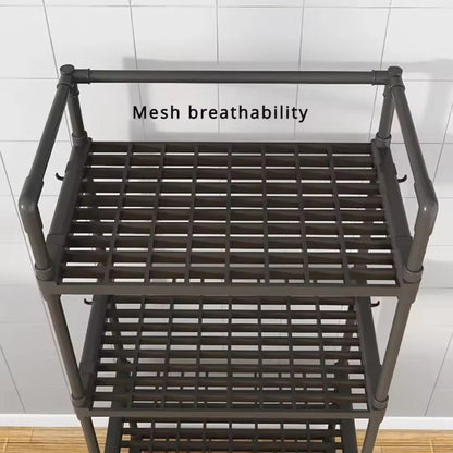 Slim plastic storage rack next to toilet