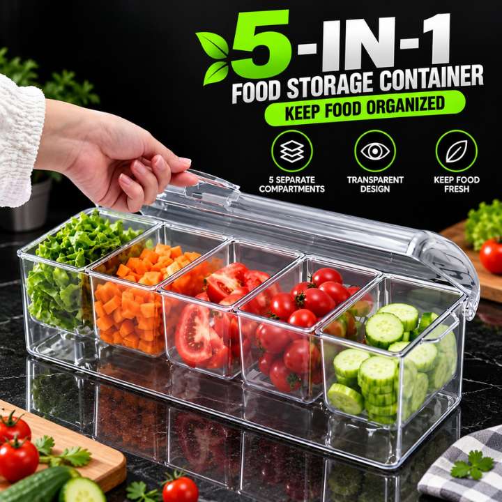 Refrigerated Condiment Server Tray with Lid | Ice‑Cooled 5‑Compartment Serving Tray for BBQs, Picnics & Parties