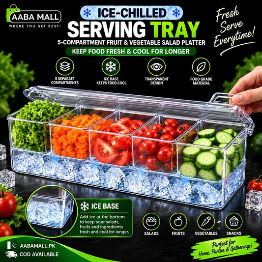 5 compartment ice cooled serving tray for keeping salads fruits vegetables and snacks fresh and cool