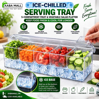 5 compartment ice cooled serving tray with ice base for keeping salad fruits vegetables and snacks fresh and cool