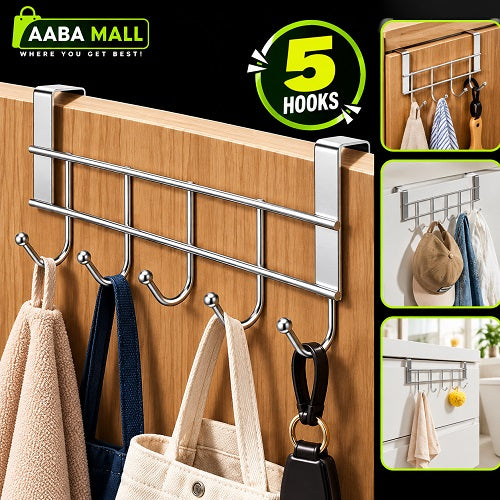 AABA MALL 5-hook over-the-door metal hanger for organizing towels, clothes, hats, bags and kitchen or bathroom accessories without drilling.