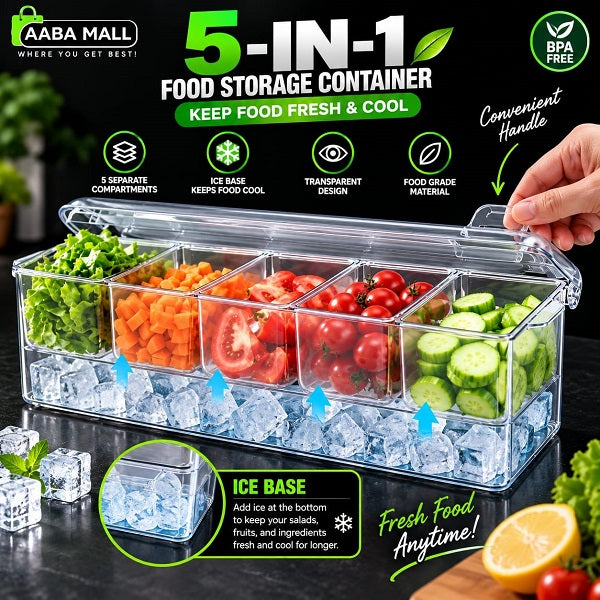 5 in 1 ice cooled food storage container with five compartments for keeping salads fruits and vegetables fresh and cool