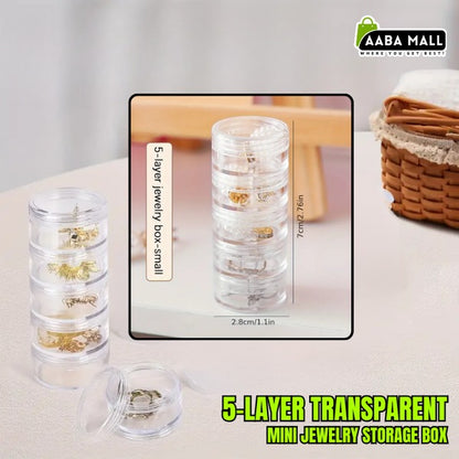 5-layer transparent mini jewelry storage box with AABA MALL branding on a light background.