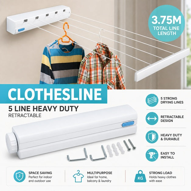 5 line heavy duty retractable clothesline 3.75m wall mounted drying rack for home laundry and balcony
