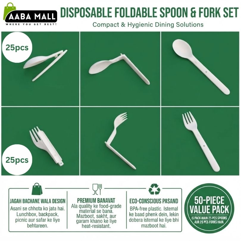 ALT: 50 piece disposable foldable spoons and forks set with 25 spoons and 25 forks