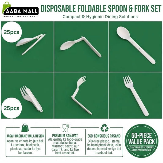 ALT: 50 piece disposable foldable spoons and forks set with 25 spoons and 25 forks