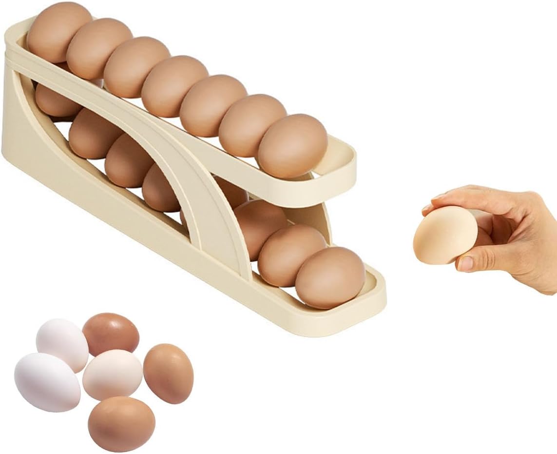 2-Tier Automatic Rolling Egg Holder for Refrigerator & Countertop | Space-Saving Egg Dispenser & Organizer