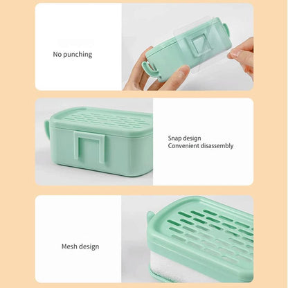 Dual-Use Soap Box | Wall-Mounted & Countertop Soap Dish | Plastic Soap Holder with Drain Tray & Sponge Storage for Home & Bathroom
