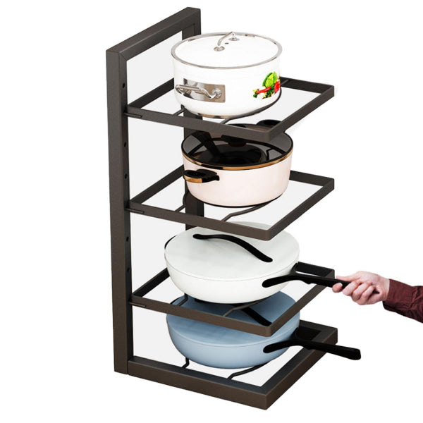 pot rack organizer, 4 tier pot stand, cookware storage rack, stainless steel kitchen rack, adjustable pot holder, pan and lid organizer, kitchen storage solution, countertop pot stand