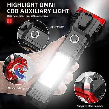 Multifunctional Rechargeable LED Flashlight | Long-Range Torch with Power Bank, Hammer, Magnetic Base, Window Breaker & Seatbelt Cutter