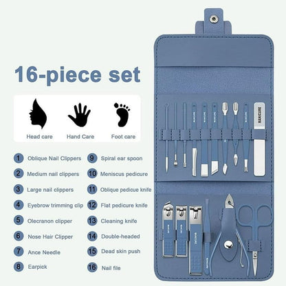 Professional Manicure Set – 16 Pcs Stainless Steel Nail Clipper & Pedicure Kit | Grooming Tools with Luxurious Travel Leather Case for Men & Women