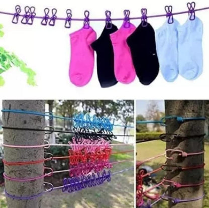 Cloth Drying Rope with Hooks & 12 Clips – Elastic Clothesline for Travel, Home & Outdoor Use – Kapde Sukhane Ki Rassi Wire (Multicolor)