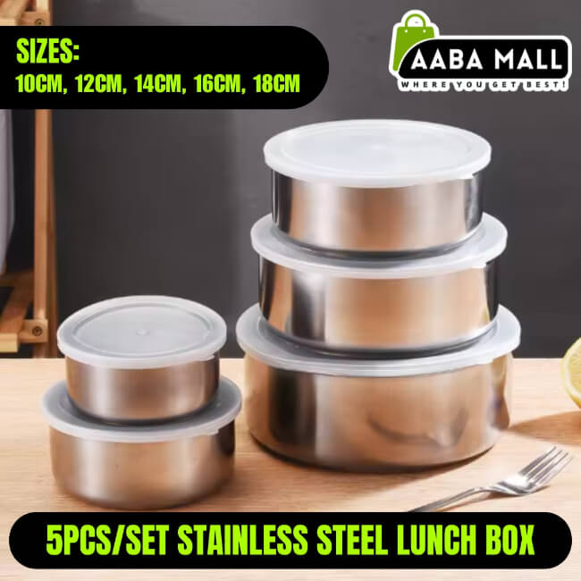 Set of stainless steel lunch boxes with lids on a wooden surface, labeled 'AABA MALL'.