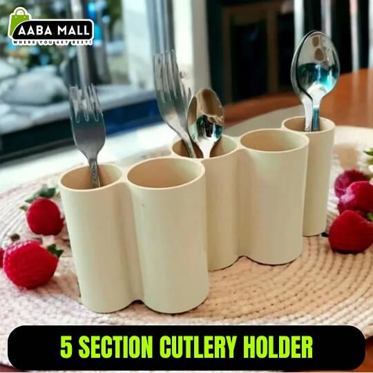 5-section cutlery holder with forks, spoons, and knives on a table with red flowers.