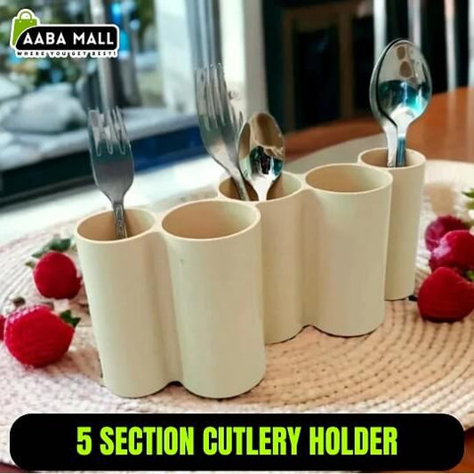5-section cutlery holder with forks, spoons, and knives on a table with red flowers.