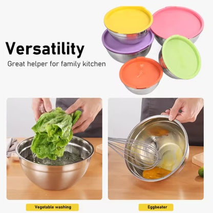 5 Piece Stainless Steel Mixing Storage Nesting Bowls Set with Lids Stackable Easy Cleaning