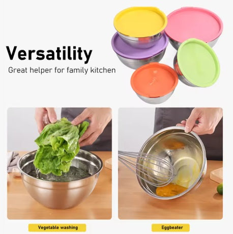 5 Piece Stainless Steel Mixing Storage Nesting Bowls Set with Lids Stackable Easy Cleaning