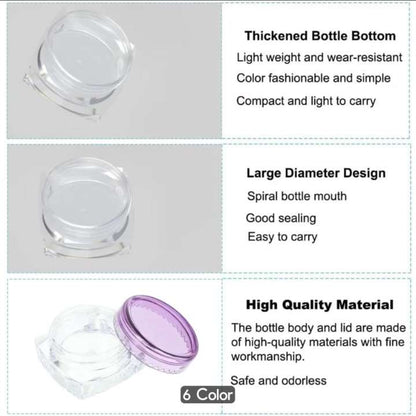 Three-panel product feature graphic showing a clear plastic jar with a thickened clear lid, plus text callouts for thickened bottle bottom, large diameter design, and high quality material. A purple lid is shown in the bottom panel.