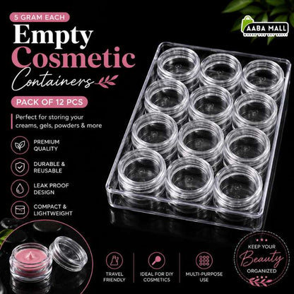 A clear plastic tray holding 12 small round cosmetic jars, shown on a black promotional background with text reading 'Empty Cosmetic Containers' and 'Pack of 12 PCS.' The image includes feature icons, a small open jar with pink cream in the lower left, and an 'AABA MALL' logo in the upper right.