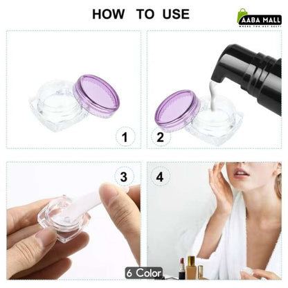 A four-step 'HOW TO USE' diagram showing how to apply a clear gel or cream from a small clear jar with a purple lid into a pump bottle, onto a spatula, and onto a person's face. The AABA MALL logo is visible in the top right corner.