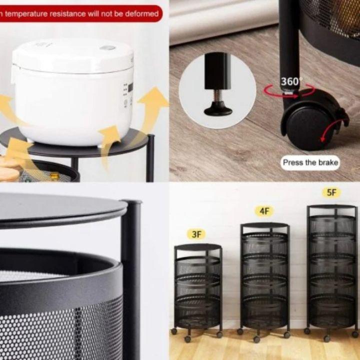 5 Layer Metal Wire Mesh Fruit & Vegetable Storage Basket | 360° Rotating Kitchen Trolley | Portable Round Storage Rack Organizer for Home & Pantry