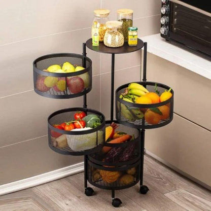 5 Layer Metal Wire Mesh Fruit & Vegetable Storage Basket | 360° Rotating Kitchen Trolley | Portable Round Storage Rack Organizer for Home & Pantry