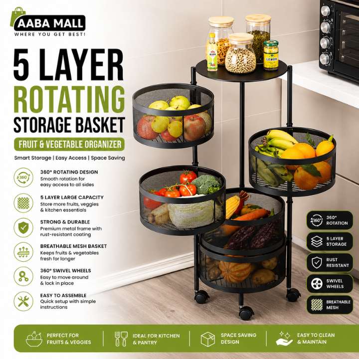 5 Layer Metal Wire Mesh Fruit & Vegetable Storage Basket | 360° Rotating Kitchen Trolley | Portable Round Storage Rack Organizer for Home & Pantry
