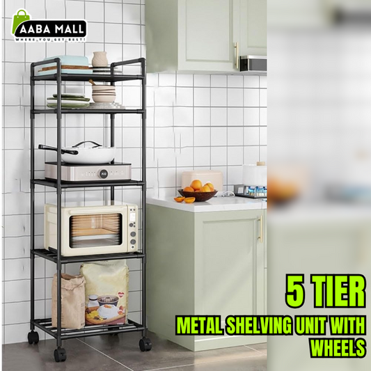 metal shelving unit, 5 tier storage rack, floor standing shelf, storage organizer with wheels, garage storage shelves, office shelving unit, heavy duty metal rack, home storage solution, anti-slip shelf organizer.