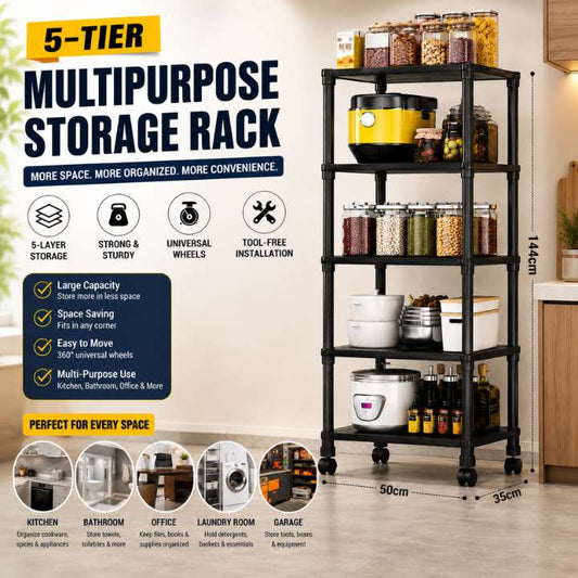 5‑Tier Multipurpose Storage Rack – Adjustable Stackable Organizer Shelf for Kitchen, Bathroom & Home Use