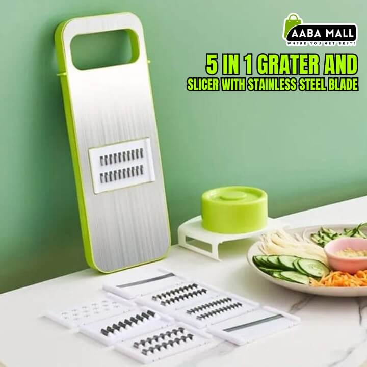 5 in 1 Grater & Slicer with Stainless Steel Blades – Make food preparation faster and easier with this versatile 5-in-1 grater and slicer. Featuring interchangeable stainless steel blades, it is perfect for slicing, shredding, grating, and julienning vegetables, fruits, cheese, and more. The ergonomic handle provides a comfortable grip, while the compact design makes it easy to store. Ideal for everyday kitchen use.

🥕 Product: 5 in 1 Grater & Slicer with Stainless Steel Blades
✨ Features: 5 Interchangeabl