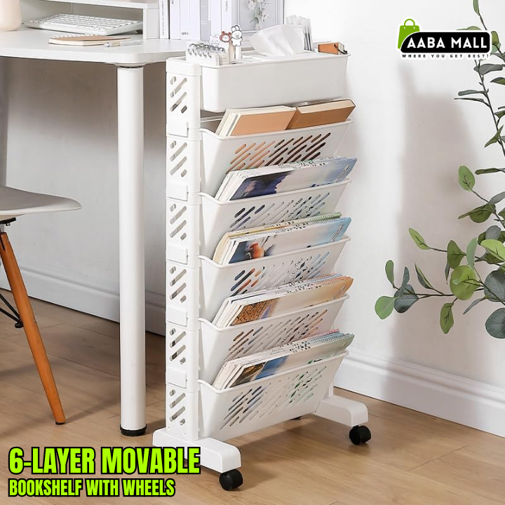 movable bookshelf, storage cart with wheels, desk organizer cart, classroom organizer, plastic book rack, table side storage basket, multi-layer storage trolley, home office organizer