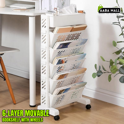 movable bookshelf, storage cart with wheels, desk organizer cart, classroom organizer, plastic book rack, table side storage basket, multi-layer storage trolley, home office organizer