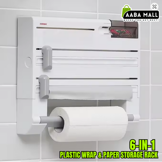6-in-1 Plastic Wrap & Paper Storage Rack | Wall-Mounted Kitchen Organizer with Cutter | Multi-Purpose Compact Dispenser