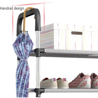 6-layer steel shoe storage rack organizing multiple pairs of shoes in a bedroom