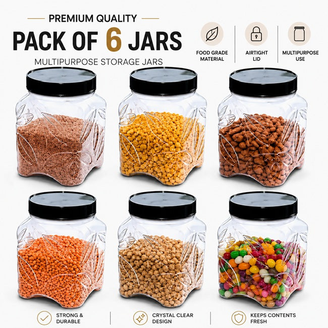 6 pcs 1kg multipurpose storage jars with black airtight lids for spices pulses dry fruits and kitchen storage