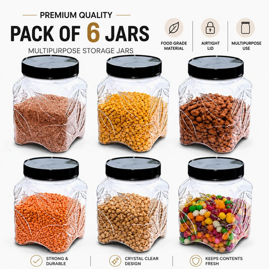 6 pcs 1kg multipurpose storage jars with black airtight lids for spices pulses dry fruits and kitchen storage