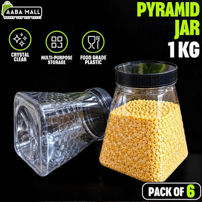 Six Pyramid Design plastic storage jars arranged together