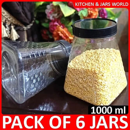 Six Pyramid Design plastic storage jars arranged together