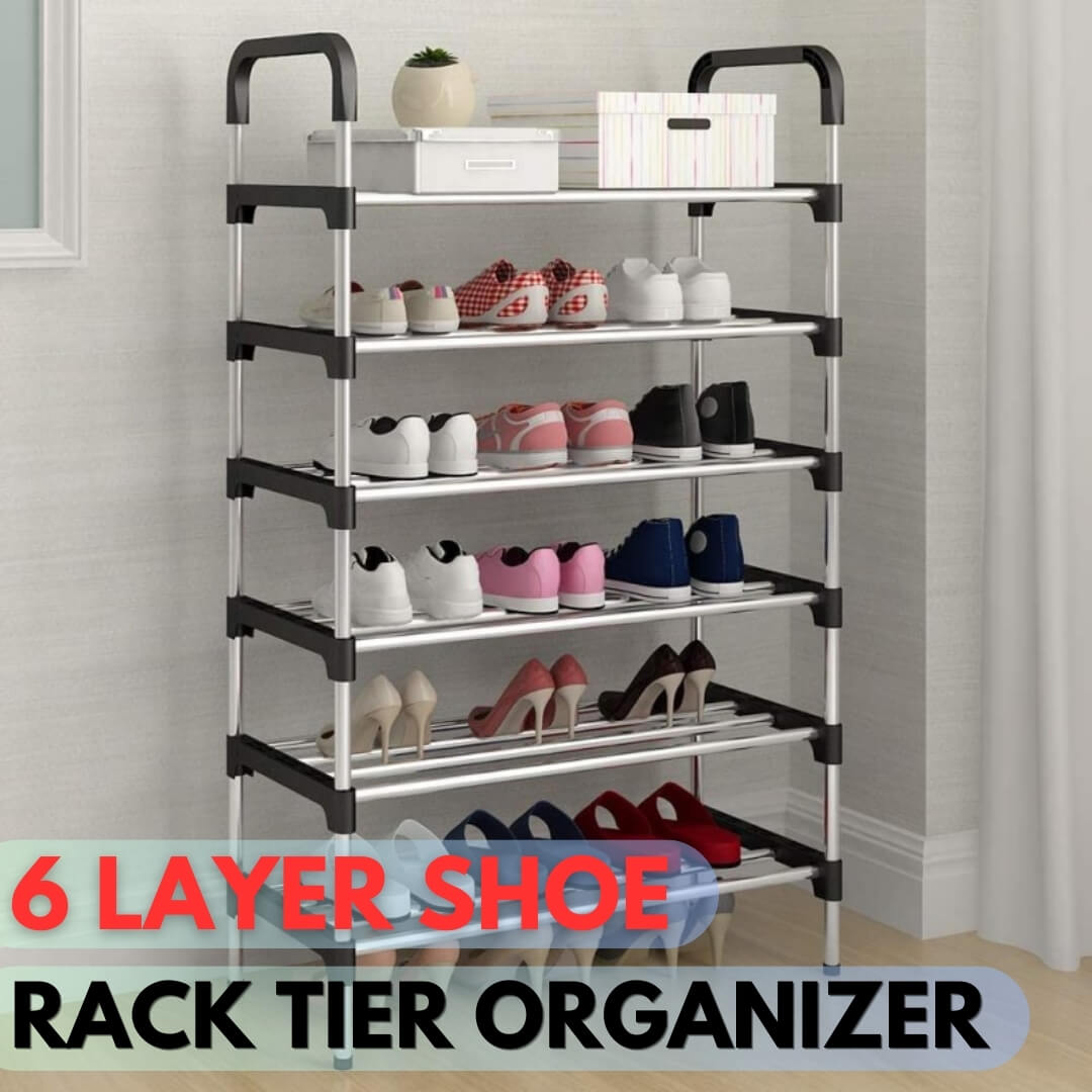 6-tier steel shoe rack with multiple shelves for organized footwear storage
