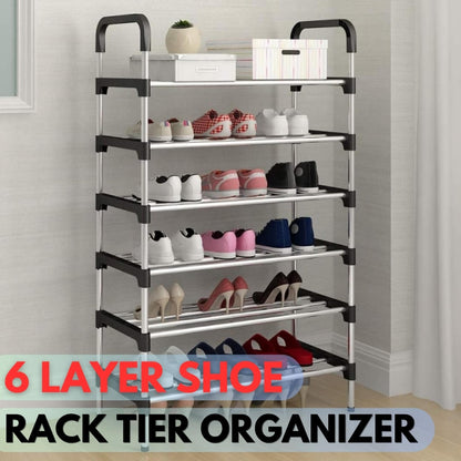 6-tier steel shoe rack with multiple shelves for organized footwear storage