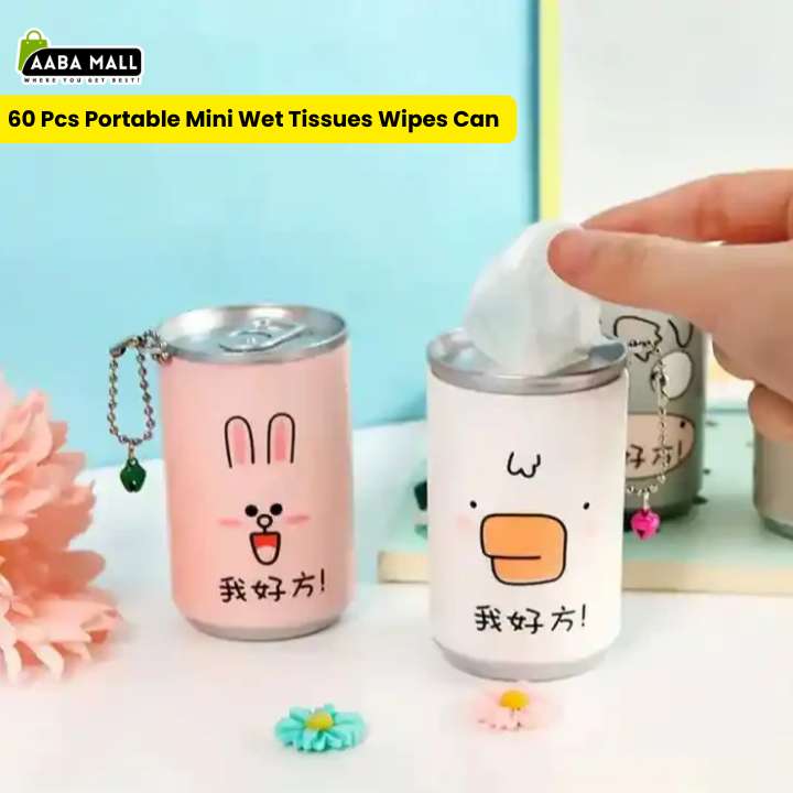 Portable mini wet tissues can with cartoon designs on a light blue background